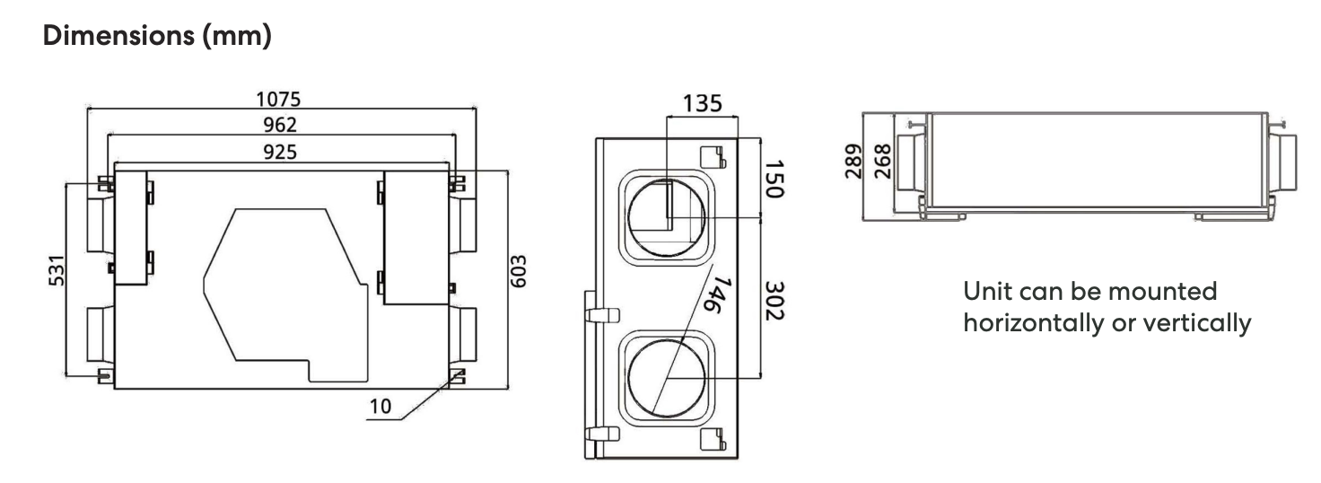 Technical drawing of the Fanco Habitat Central heat recovery ventilation system showing product dimensions and mounting options