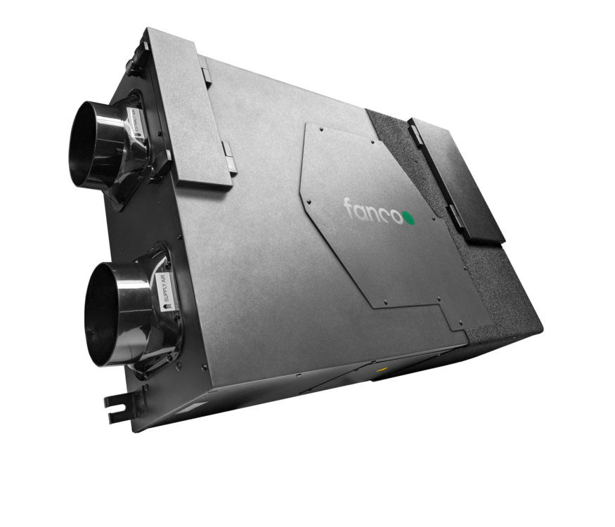 Fanco Habitat Central heat recovery ventilation unit angled view showing duct connections